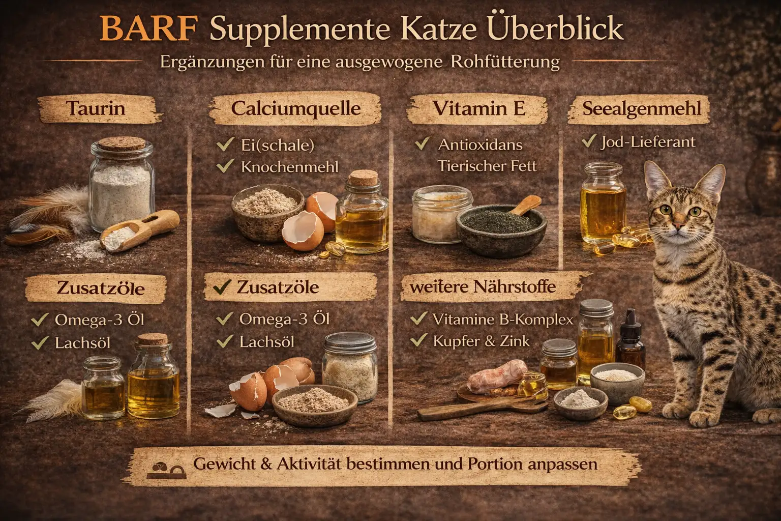 BARF Supplemente für Katzen mit Taurin Calcium und weiteren Nährstoffen im Überblick