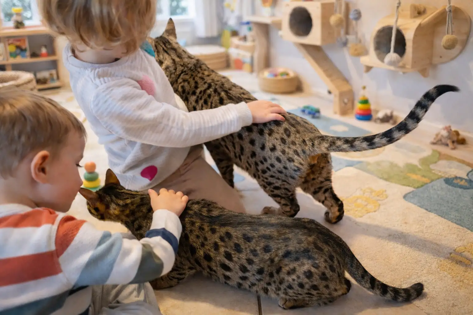 Sind Savannah Katzen gefährlich Kind spielt mit ruhiger Savannah Katze im Wohnzimmer