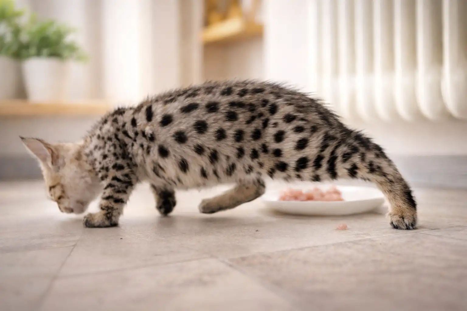 Savannah Kitten in strukturierter Umgebung als Beispiel für kontrollierte Zuchtqualität statt Massenzucht