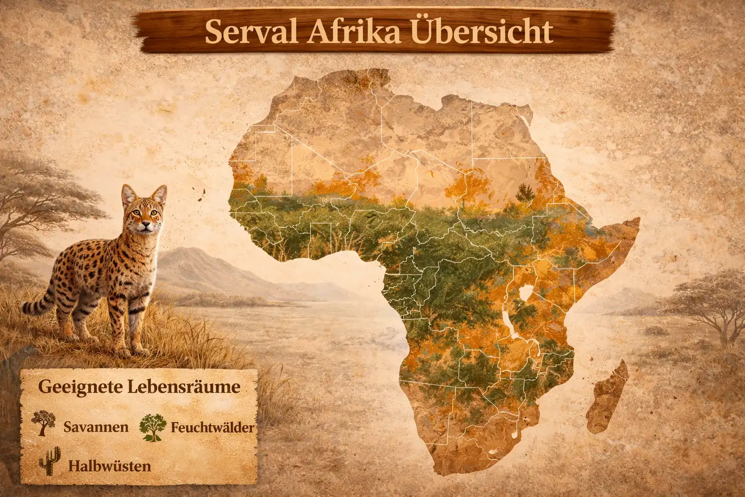 Serval in Afrika Verbreitung in natürlicher Umgebung dargestellt