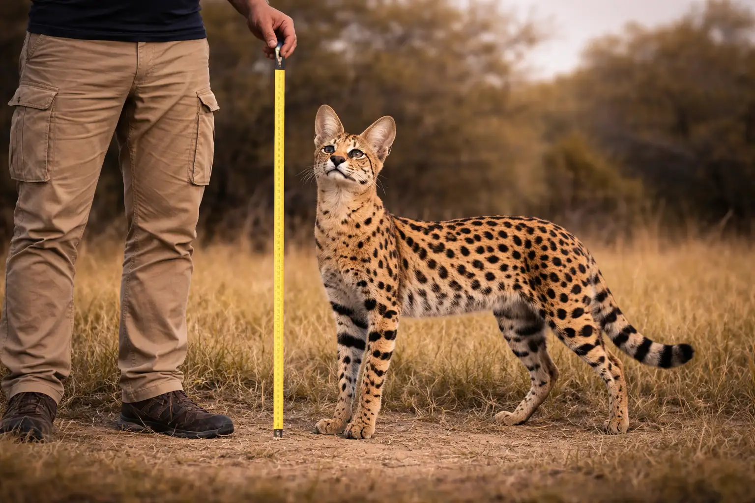 Serval Katze steht neben Objekt zum Größenvergleich und wirkt hochbeinig