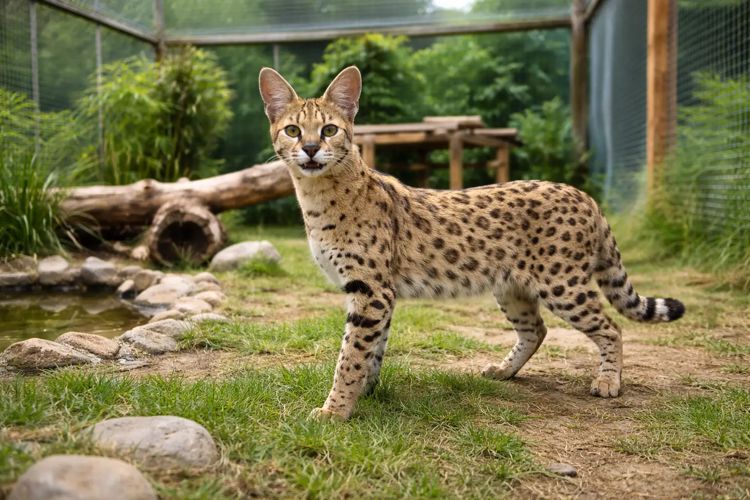 Serval in großem Gehege als Beispiel für realistische Haltung