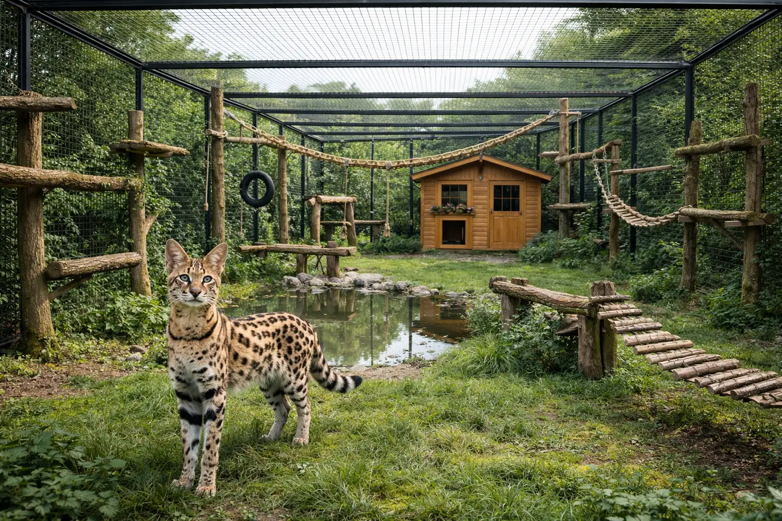 Serval im Gehege als Beispiel für reale Haltung nach dem Kauf
