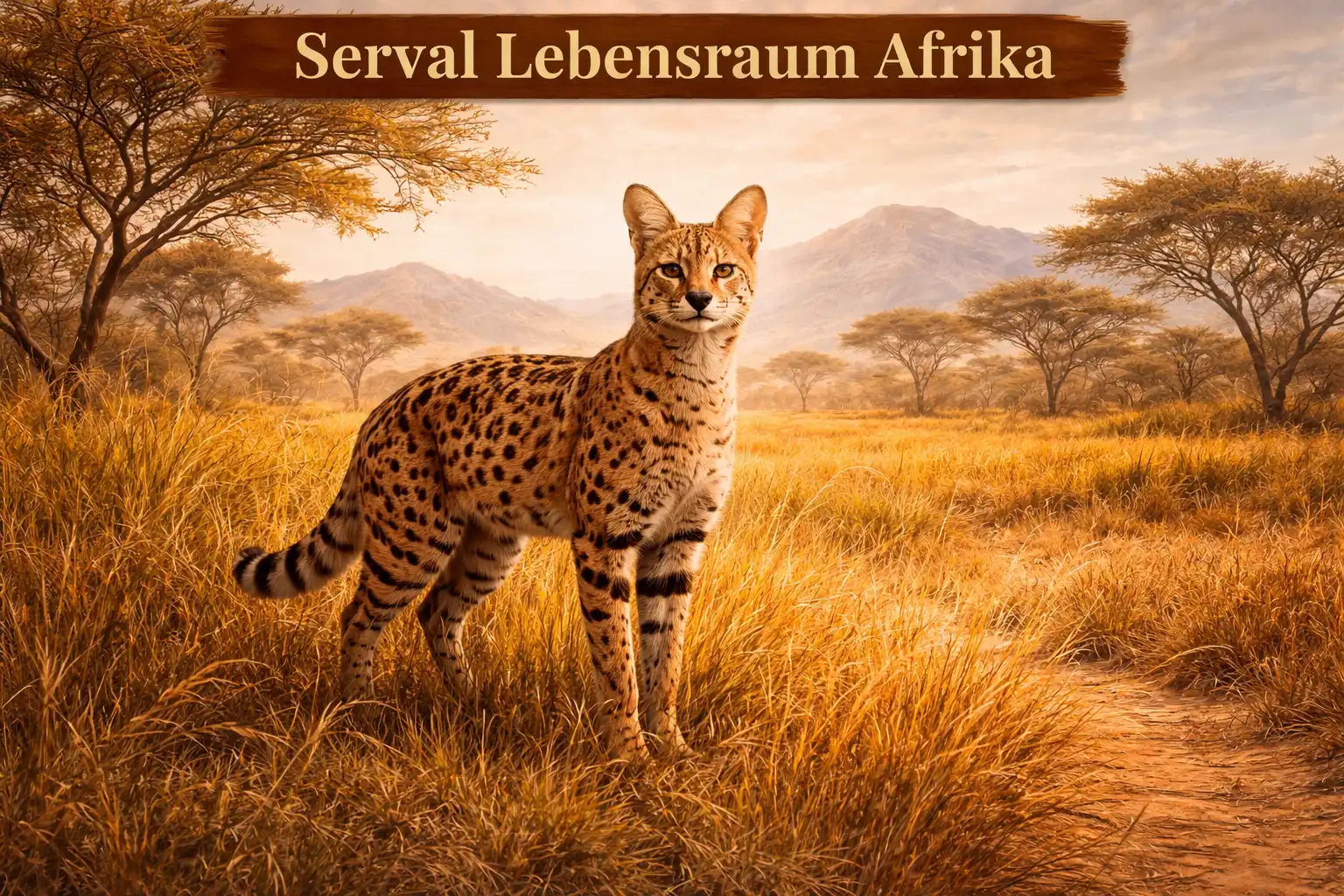 Serval in natürlichem Lebensraum mit Graslandschaft und Feuchtgebiet