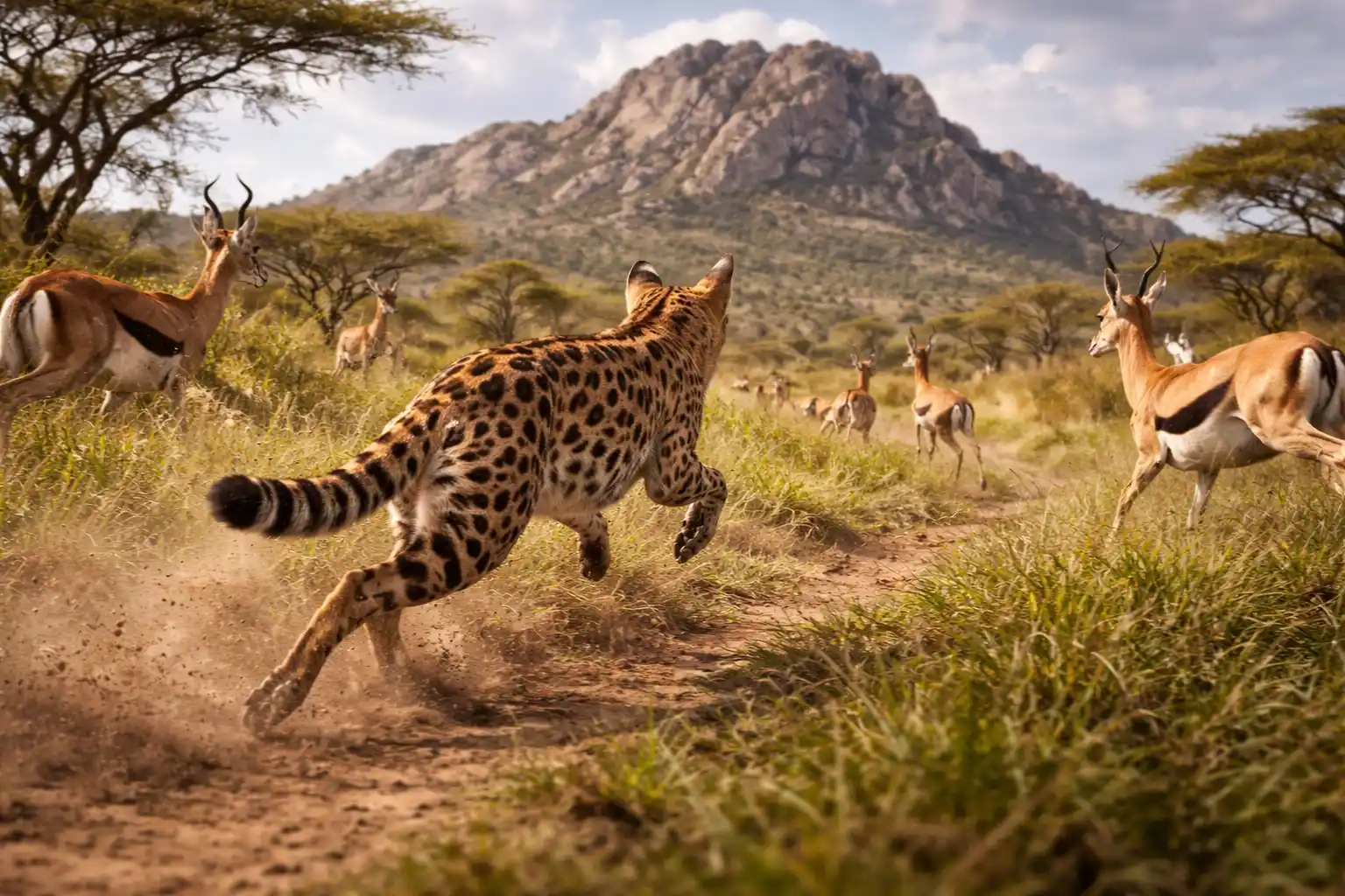 Serval im Sprint durch Graslandschaft mit hoher Geschwindigkeit