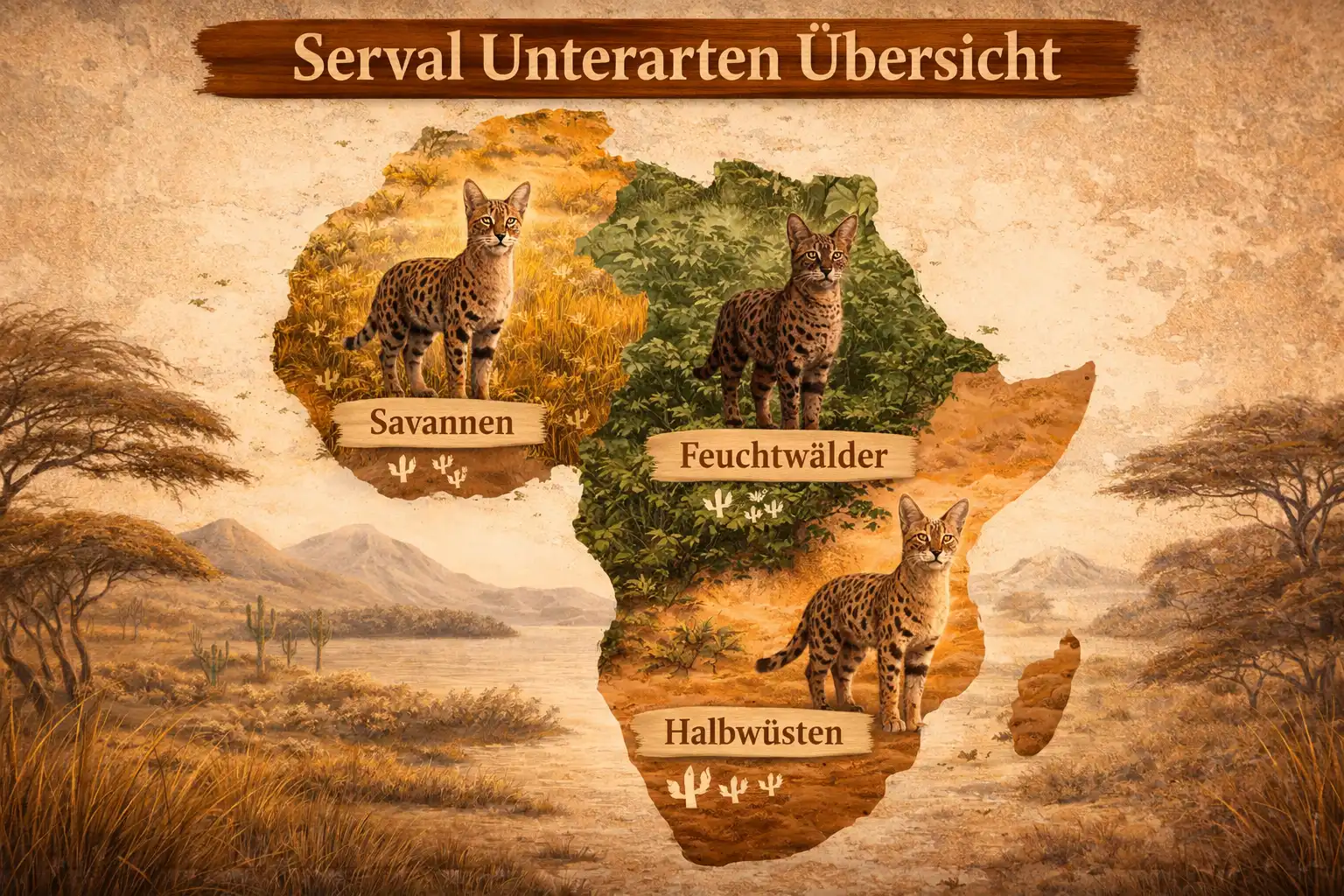Serval Unterarten wirken unterschiedlich durch Anpassung an verschiedene Lebensräume