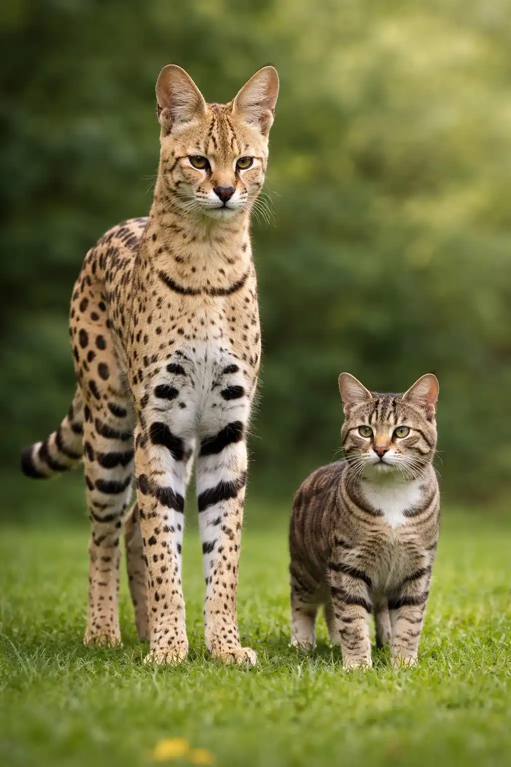 Serval im Vergleich zu normaler Hauskatze mit deutlichen Größenunterschieden