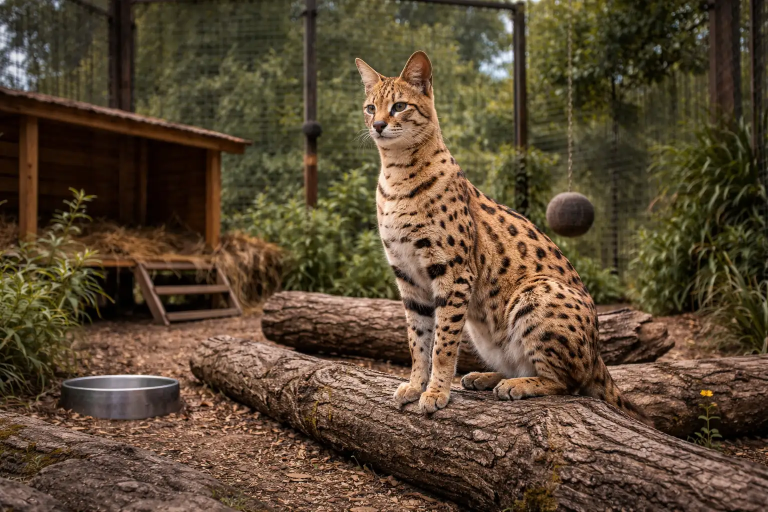 Serval als Wildtier im Gehege als Beispiel für die Realität hinter Serval Zucht